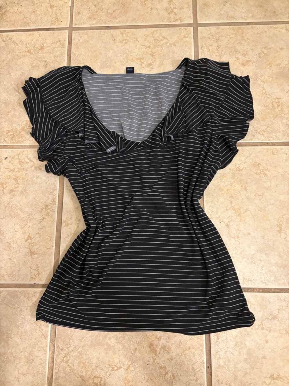 American Living Black Striped Ruffle Sleeve Top